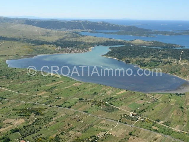 Aerial view of agricultural land with sea view in Sibenik surroundings