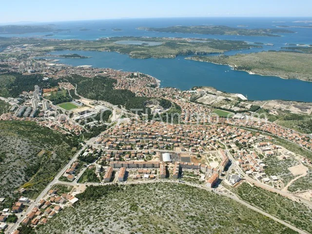 Aerial view of building land with sea view in Sibenik wider center