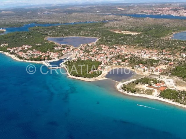 Aerial view of seafront commercial property for renovation in Zablace near Sibenik