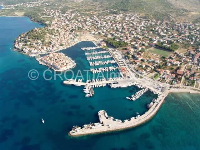 Aerial view of house for renovation with sea view with garden in Tribunj