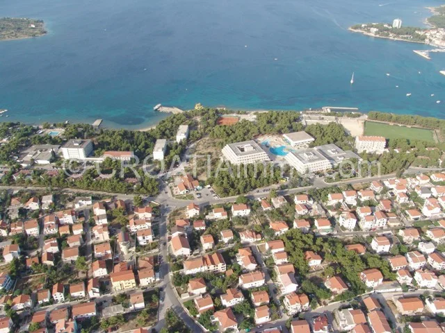 Aerial view of newly built penthouse apartment with sea view with pool with garden in Vodice