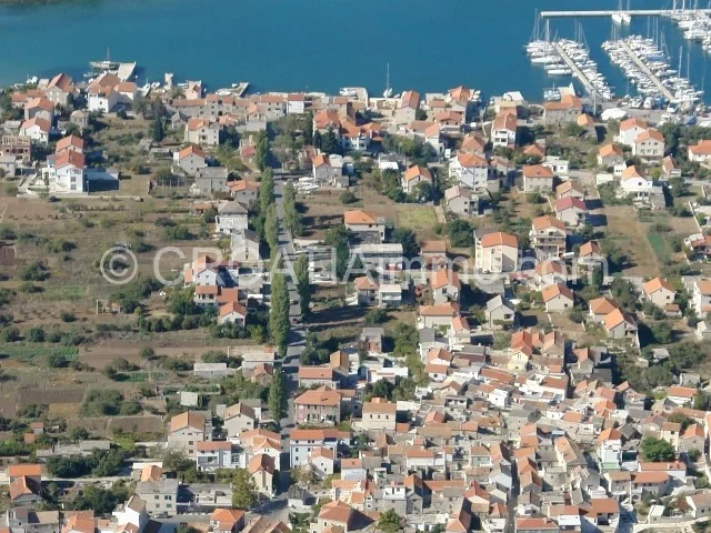 Aerial view of newly built villa with sea view with pool with garden in Betina near Murter