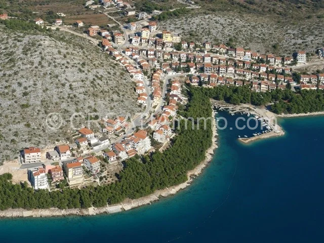 Aerial view of seafront newly built villa with pool in Drage near Pakostane