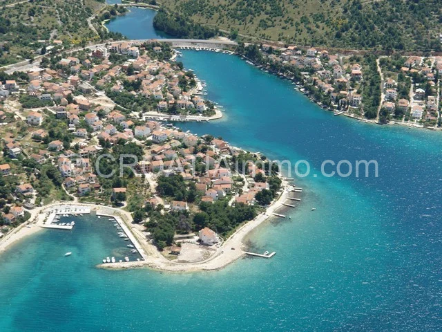 Aerial view of newly built villa with sea view with pool with garden in Zaboric near Sibenik