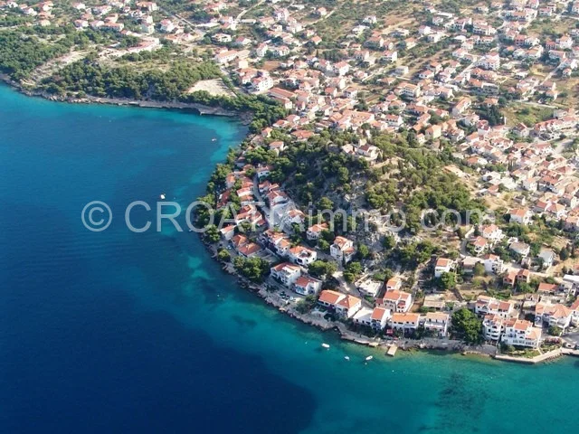 Aerial view of newly built villa with sea view with pool with garden in Tribunj